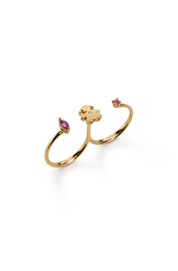 Anello due dita sagoma bimba in oro giallo 9Kt con diamante da 0,005ct, ametista viola taglio navette e tormalina rosa