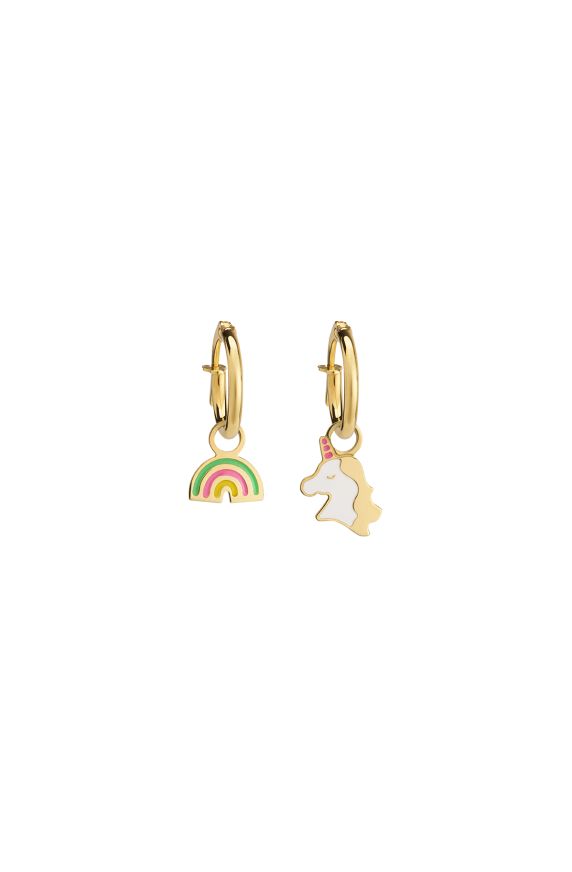 Orecchini a cerchietto Toys in oro giallo con arcobaleno e unicorno