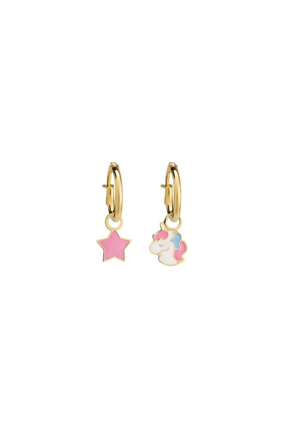 Toys hoop earrings in yellow gold with colorful unicorn and star 